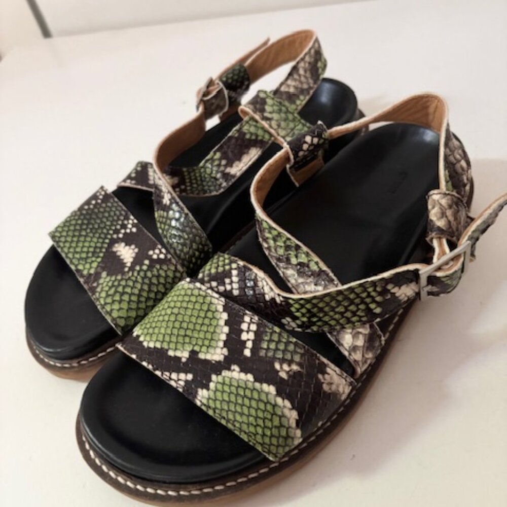 GANNI Sigga Green Snakeskin Criss Cross Sandals